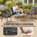 ARVOYA 4-Piece Rattan Conversation Set with Loveseat, 2 Armchairs & Acacia Table, Grey