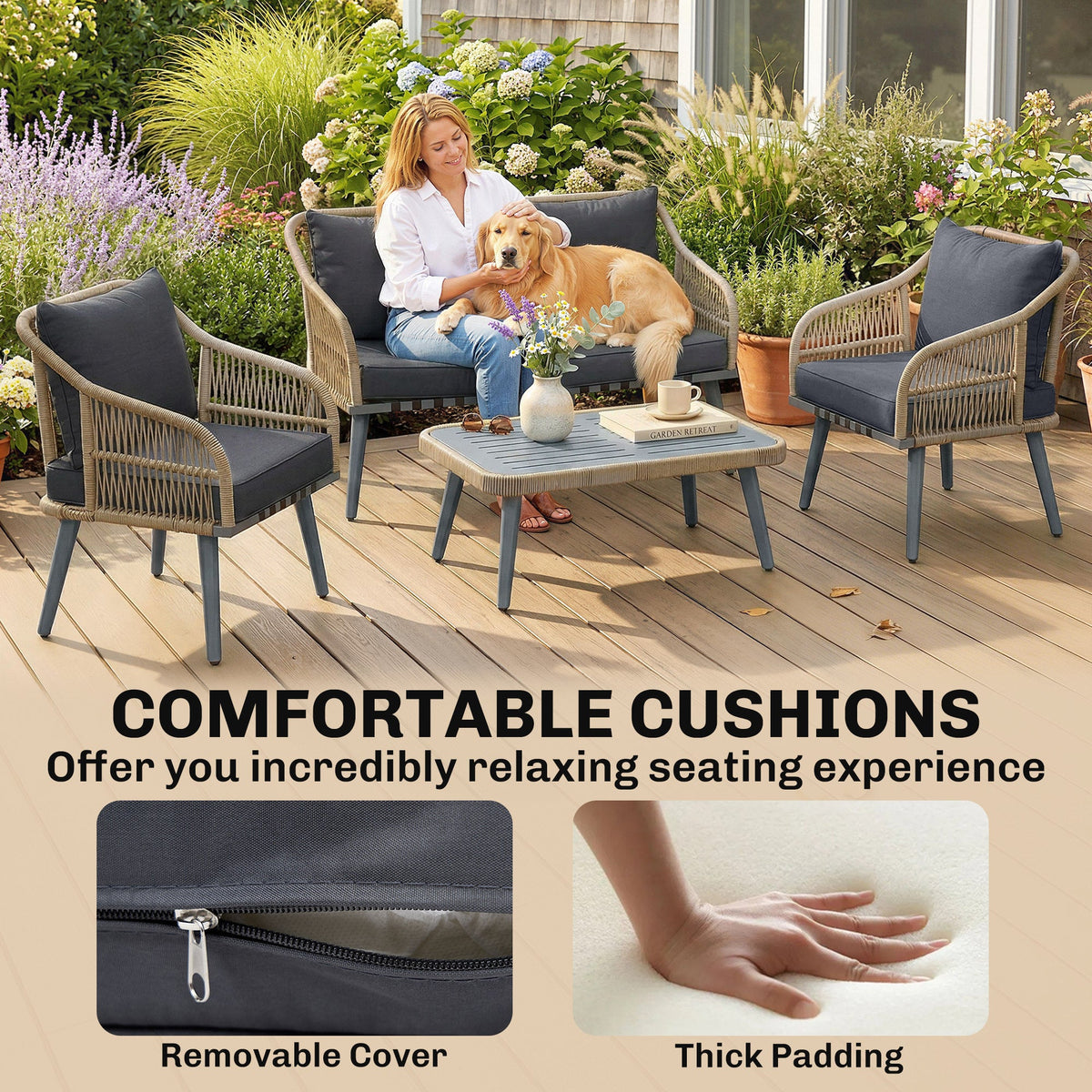 ARVOYA 4-Piece Rattan Conversation Set with Loveseat, 2 Armchairs & Acacia Table, Grey