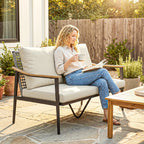 2 Seater Rattan Sofa with Wood-Effect Armrests, Khaki