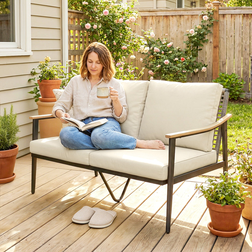 2 Seater Rattan Sofa with Wood-Effect Armrests, Khaki