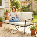 2 Seater Rattan Sofa with Wood-Effect Armrests, Khaki
