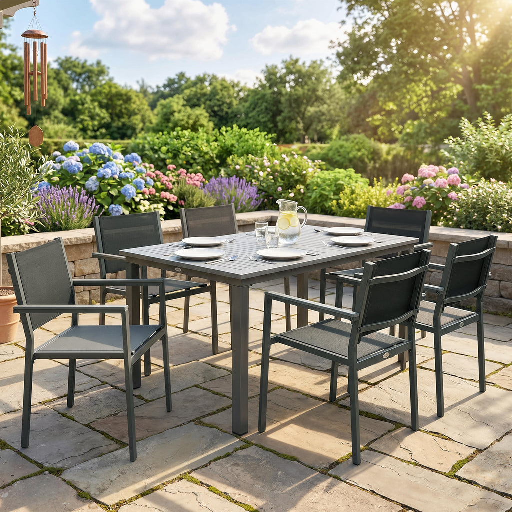 6-Seater Acacia Wood Top Dining Set with Stackable Texteline Chairs, Grey