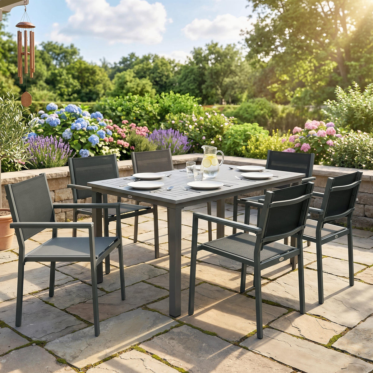 6-Seater Acacia Wood Top Dining Set with Stackable Texteline Chairs, Grey