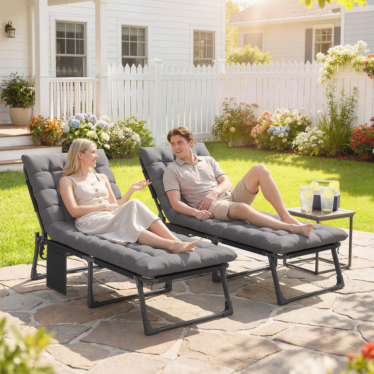 2 Piece Reclining Outdoor Chaise Lounge Chairs with Cushions, Dark Gray