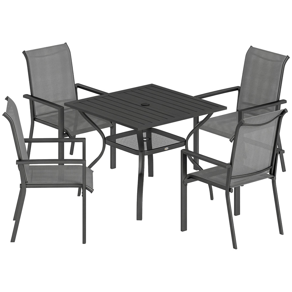 5 Piece Garden Dining Set with Stackable Chairs and Parasol Hole, Dark Grey