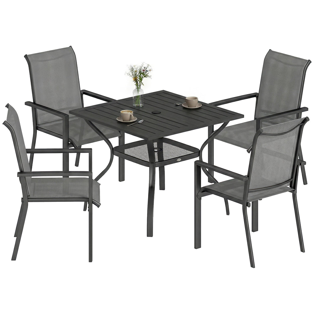5 Piece Garden Dining Set with Stackable Chairs and Parasol Hole, Dark Grey