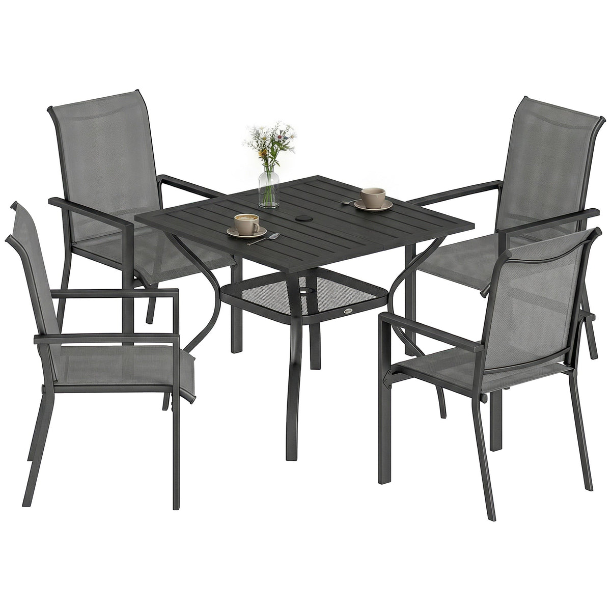 5 Piece Garden Dining Set with Stackable Chairs and Parasol Hole, Dark Grey