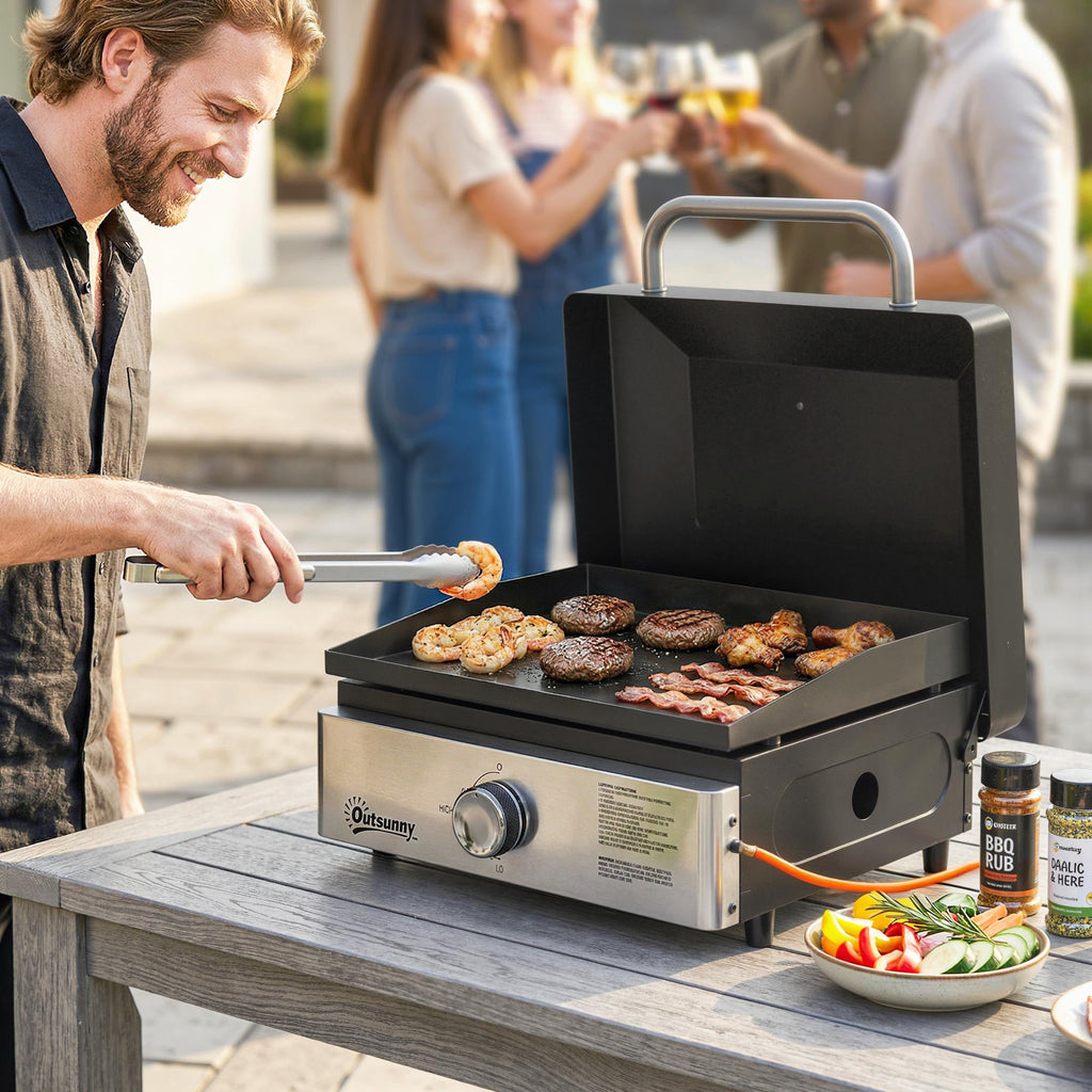 Portable Gas Plancha Grill 3.5 kW, Tabletop Griddle with Grease Cup, Black