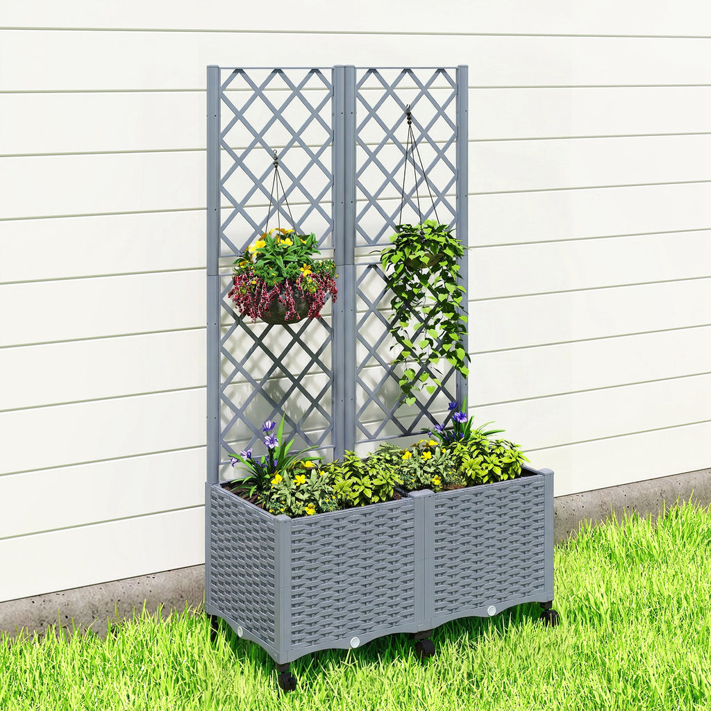56.3" Self-Watering Planter Box with Trellis and Wheels, Gray