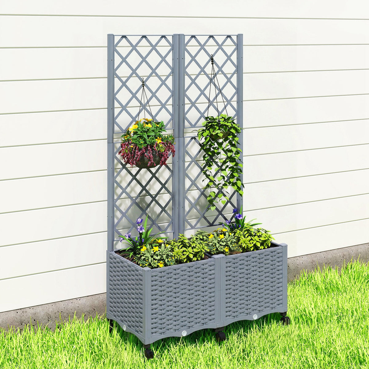 56.3" Self-Watering Planter Box with Trellis and Wheels, Gray