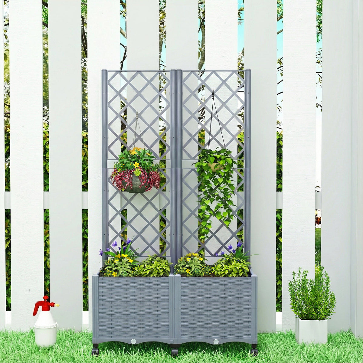56.3" Self-Watering Planter Box with Trellis and Wheels, Gray