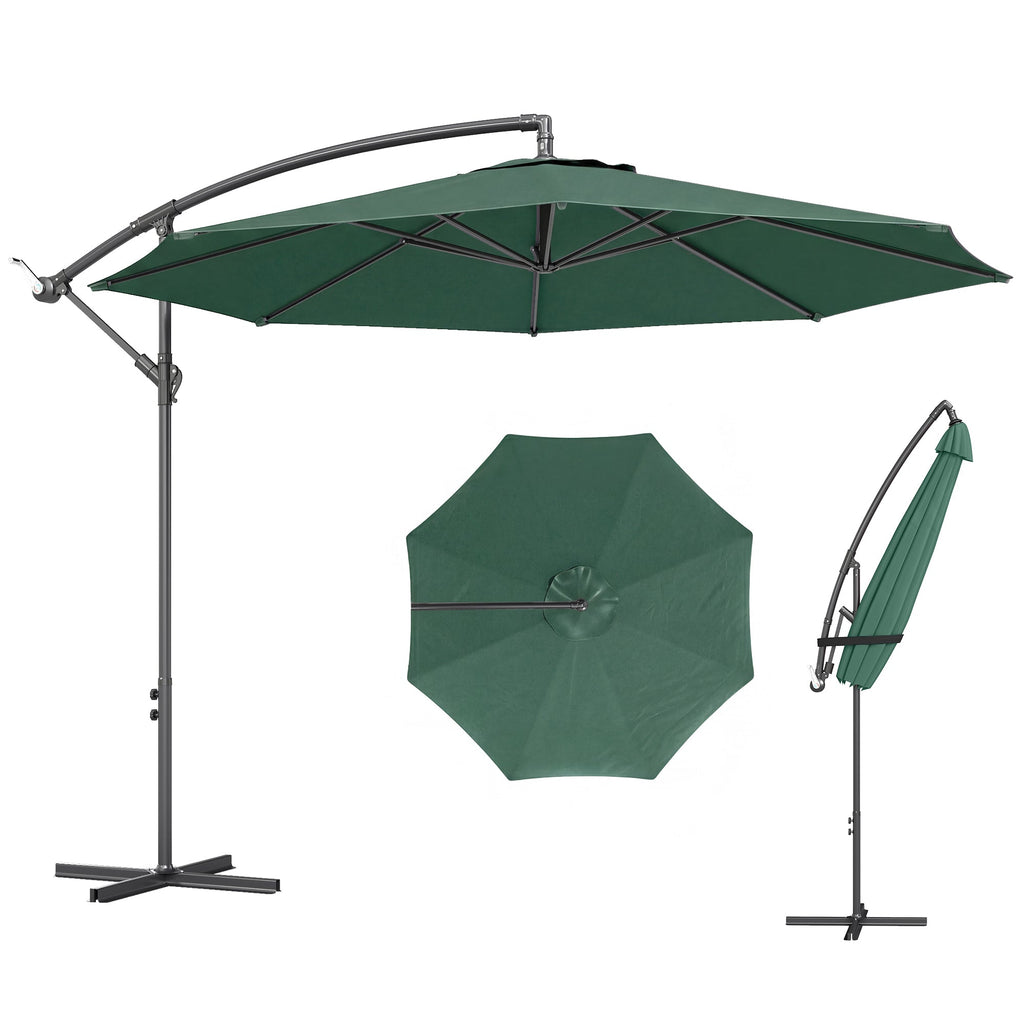 3 m Banana Parasol with Crank Handle, 8 Ribs & Cross Base, Dark Green
