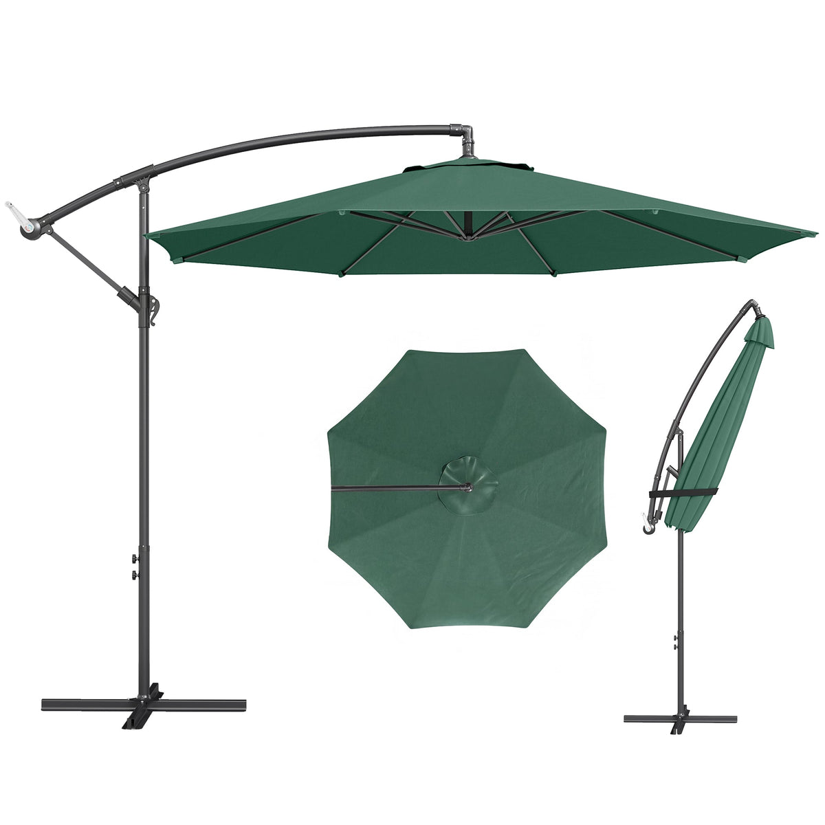 3 m Banana Parasol with Crank Handle, 8 Ribs & Cross Base, Dark Green