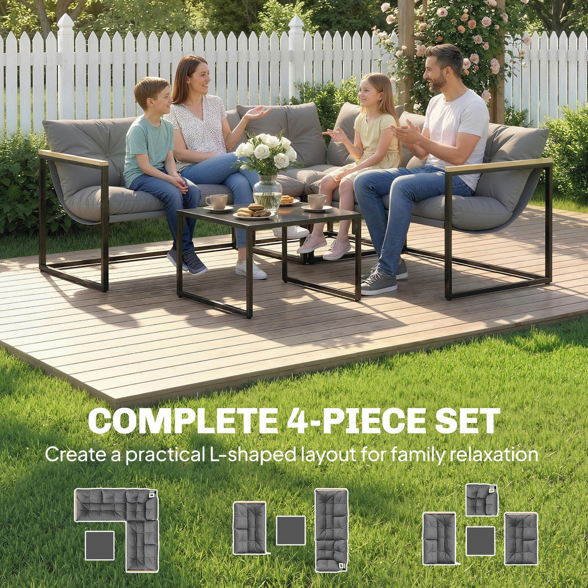 4 Piece Garden Furniture Set with Coffee Table and Thick Cushions, Grey