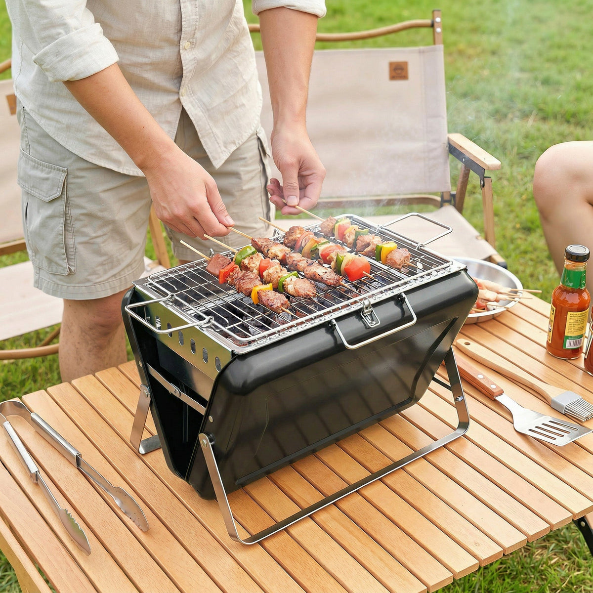 Folding Portable Charcoal BBQ Grill with Handle and Foldable Legs, Black