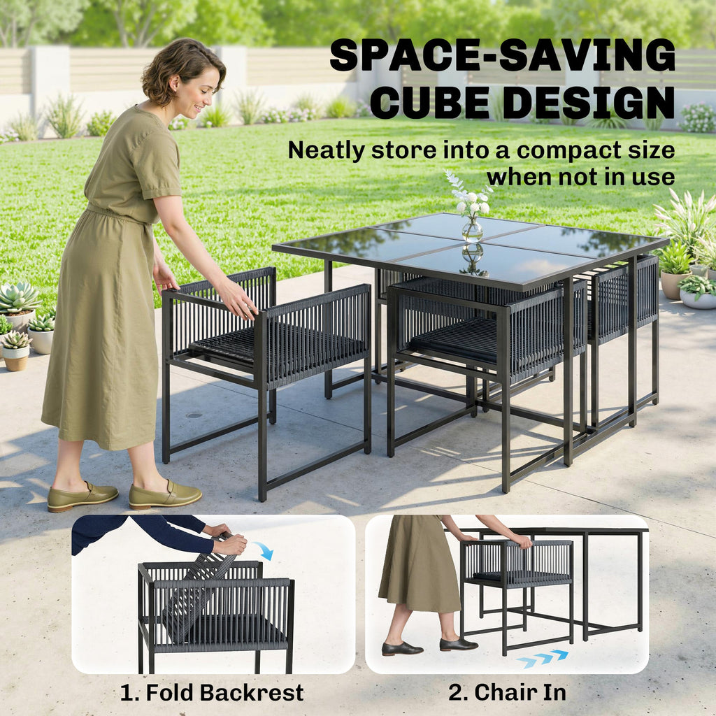 5-Piece Dark Grey Rattan Dining Set with Tempered Glass Top & Foldable Chairs