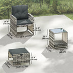 5-Piece Rattan Sofa Set with Ottomans, 2-Tier Glass Table, Grey/Dark Grey