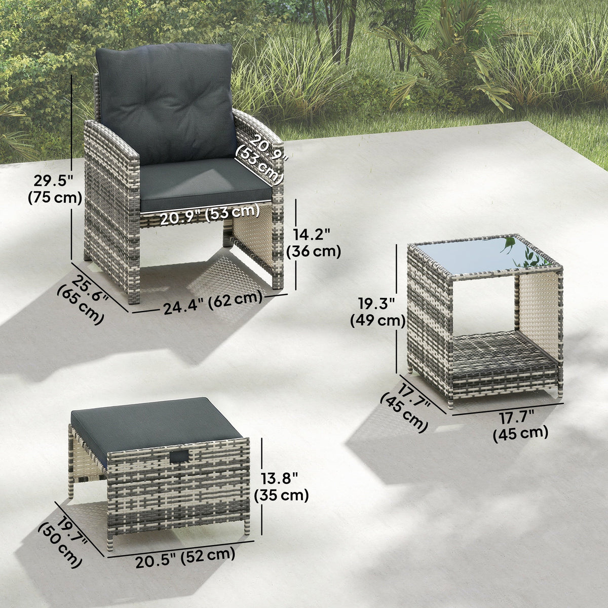 5-Piece Rattan Sofa Set with Ottomans, 2-Tier Glass Table, Grey/Dark Grey