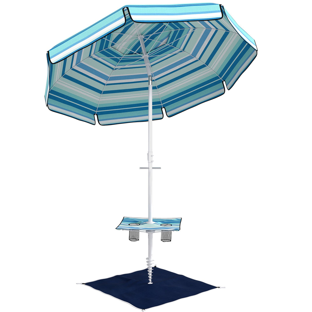 6 ft Portable Beach Umbrella with Foldable Table and Cup Holders, Dark Blue