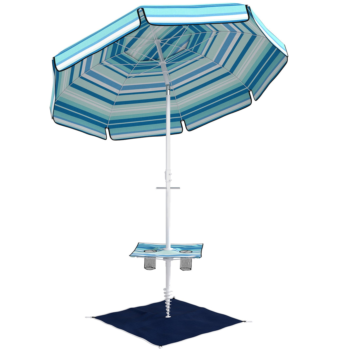 6 ft Portable Beach Umbrella with Foldable Table and Cup Holders, Dark Blue