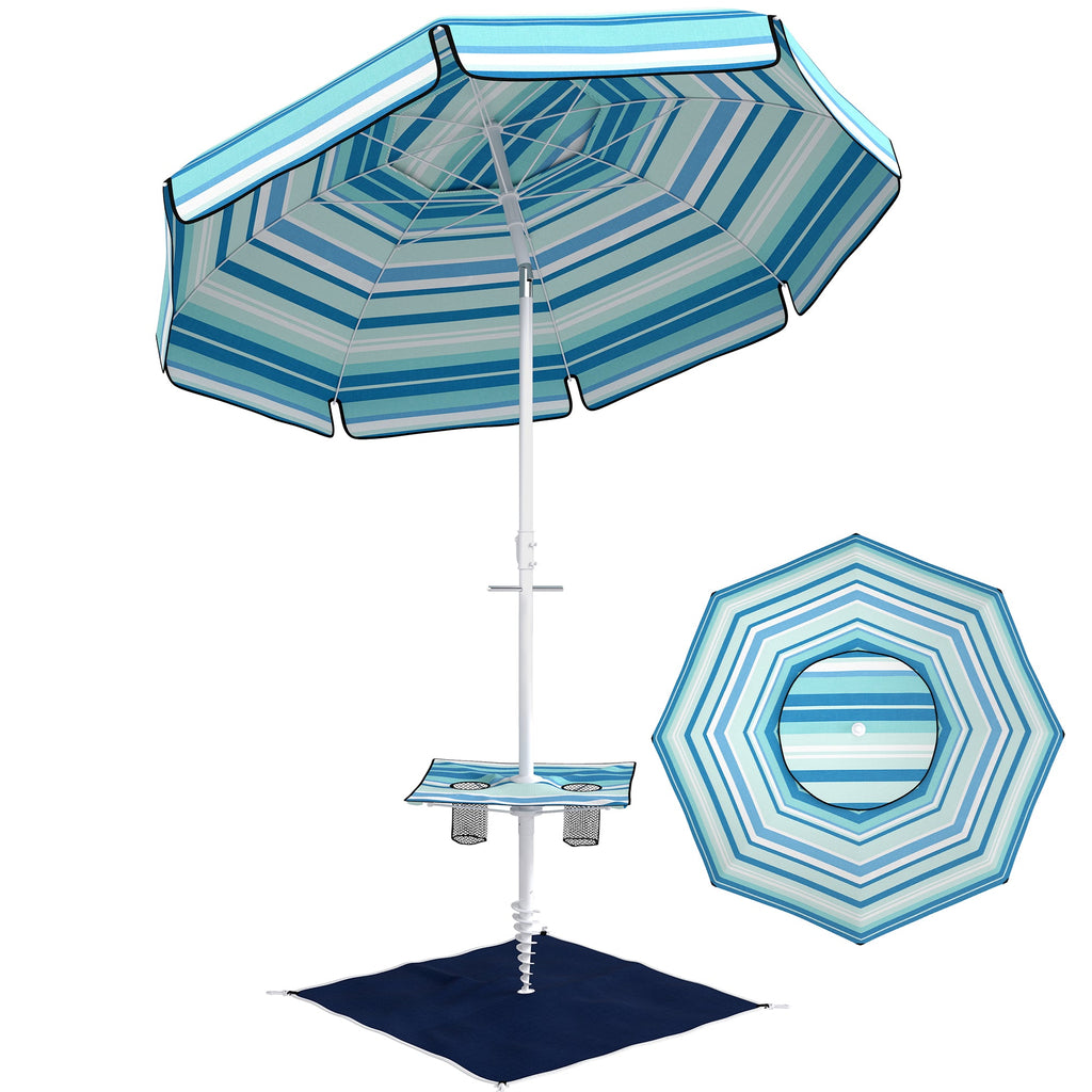 6 ft Portable Beach Umbrella with Foldable Table and Cup Holders, Dark Blue