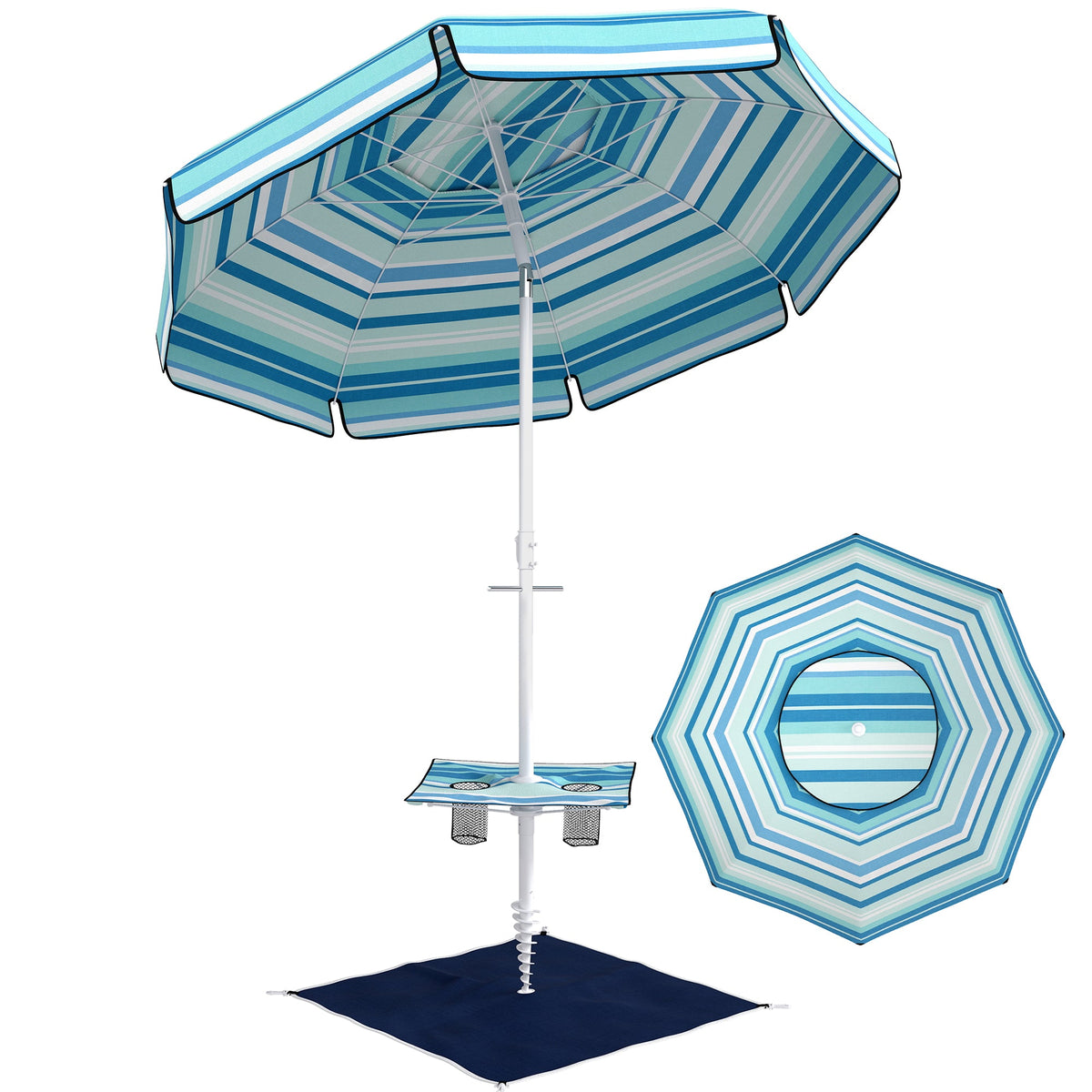 6 ft Portable Beach Umbrella with Foldable Table and Cup Holders, Dark Blue