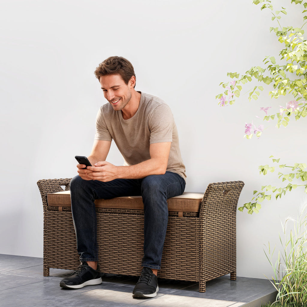 2-in-1 Patio Wicker Storage Bench, 29 Gallon with Cushion, Tan