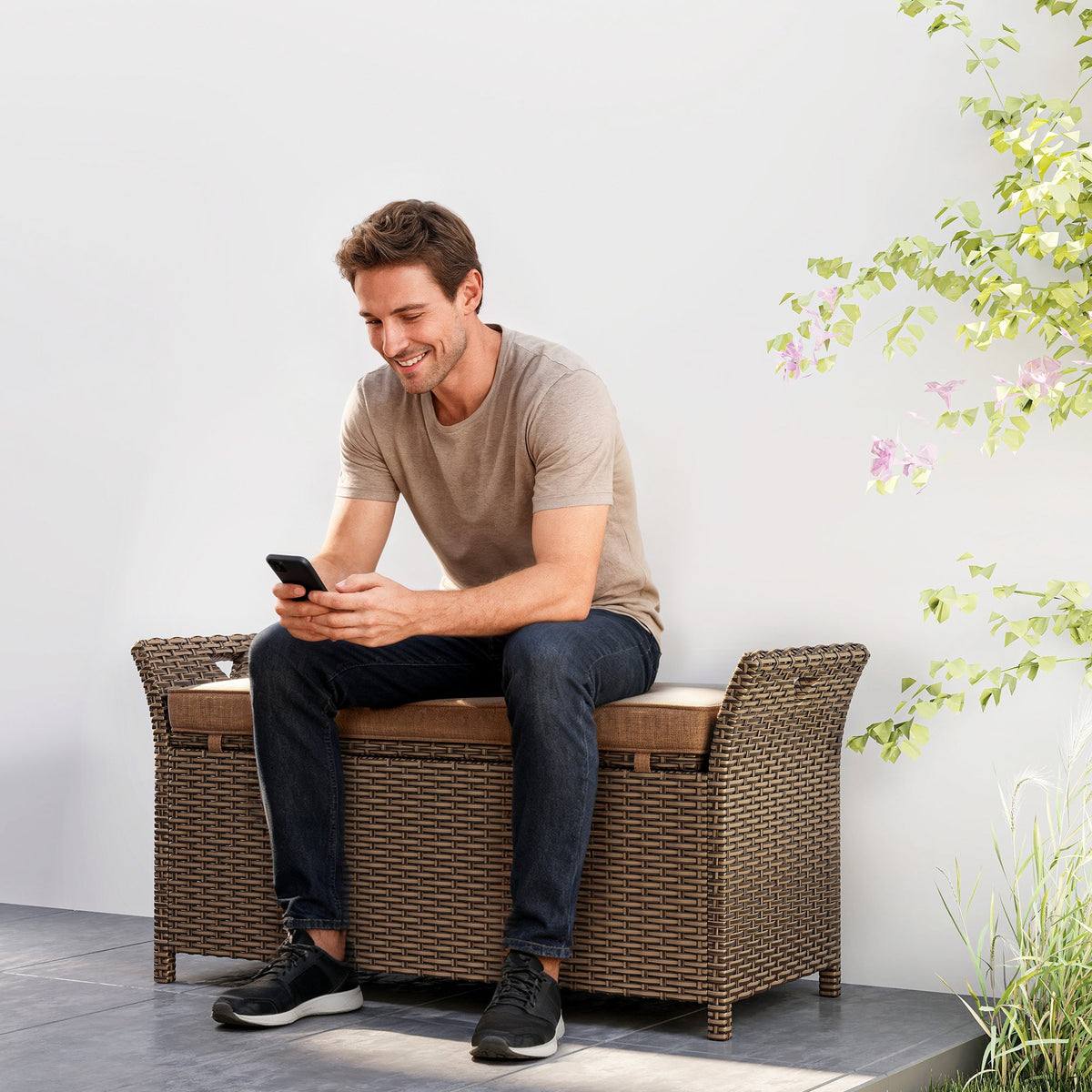 2-in-1 Patio Wicker Storage Bench, 29 Gallon with Cushion, Tan