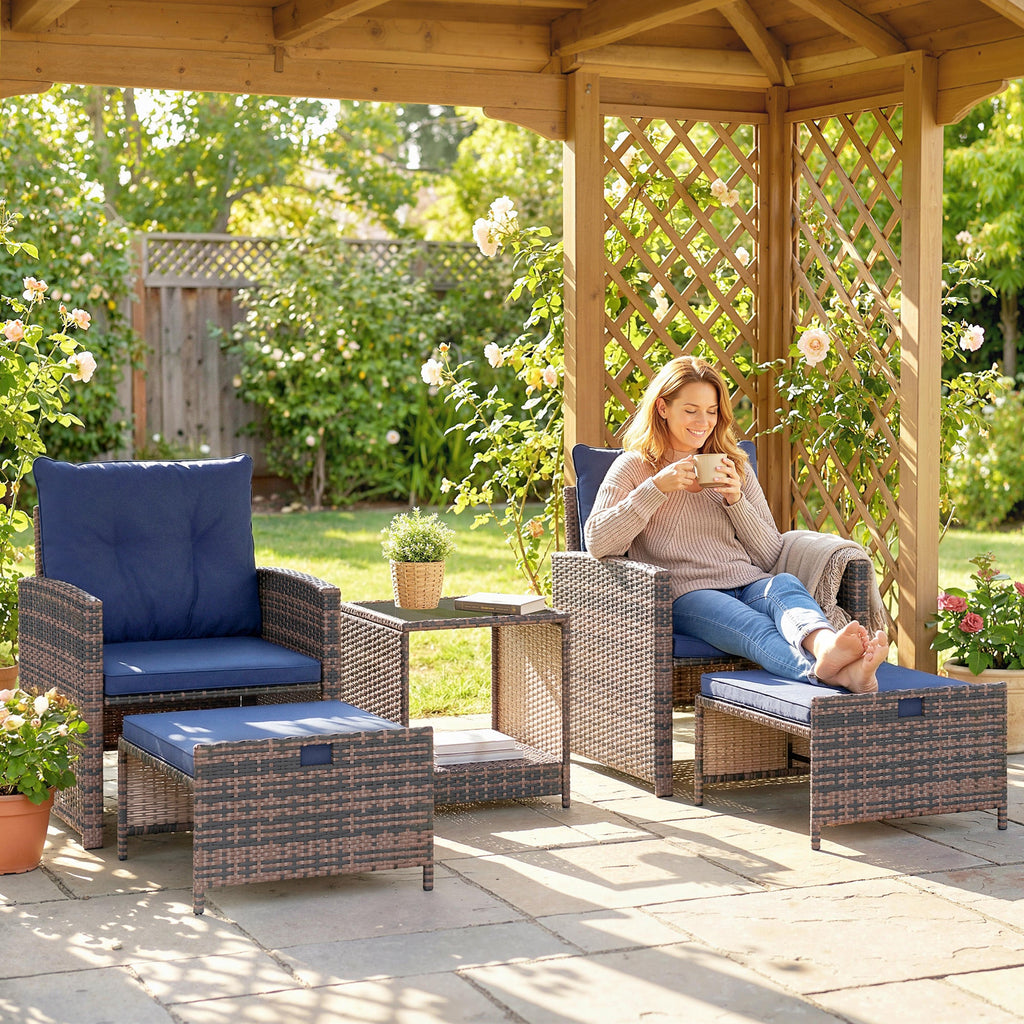 5-Piece Patio Set with Ottomans and 2-Tier Glass Table, Brown and Dark Blue