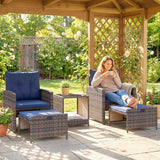 5-Piece Patio Set with Ottomans and 2-Tier Glass Table, Brown and Dark Blue