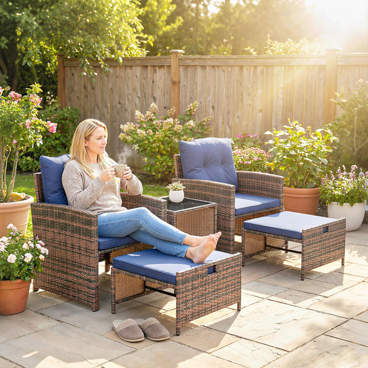 5-Piece Patio Set with Ottomans and 2-Tier Glass Table, Brown and Dark Blue
