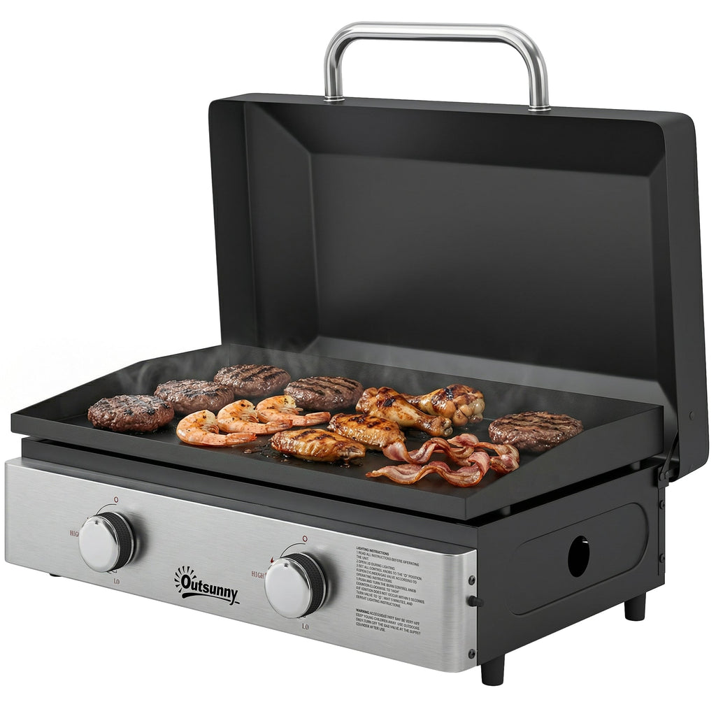 2-Burner Portable 6 kW Gas Plancha Tabletop Griddle with Grease Cup for Camping, Black