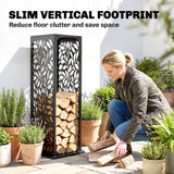 15 Inch Firewood Rack with Heavy-Duty Galvanized Steel Log Holder Featuring 4 Hooks & Adjustable Pads, Black