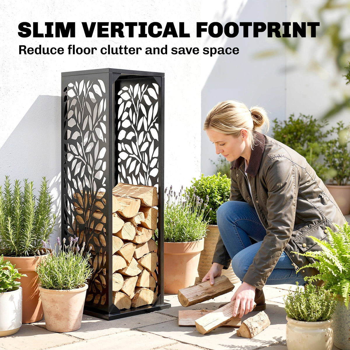 15 Inch Firewood Rack with Heavy-Duty Galvanized Steel Log Holder Featuring 4 Hooks & Adjustable Pads, Black