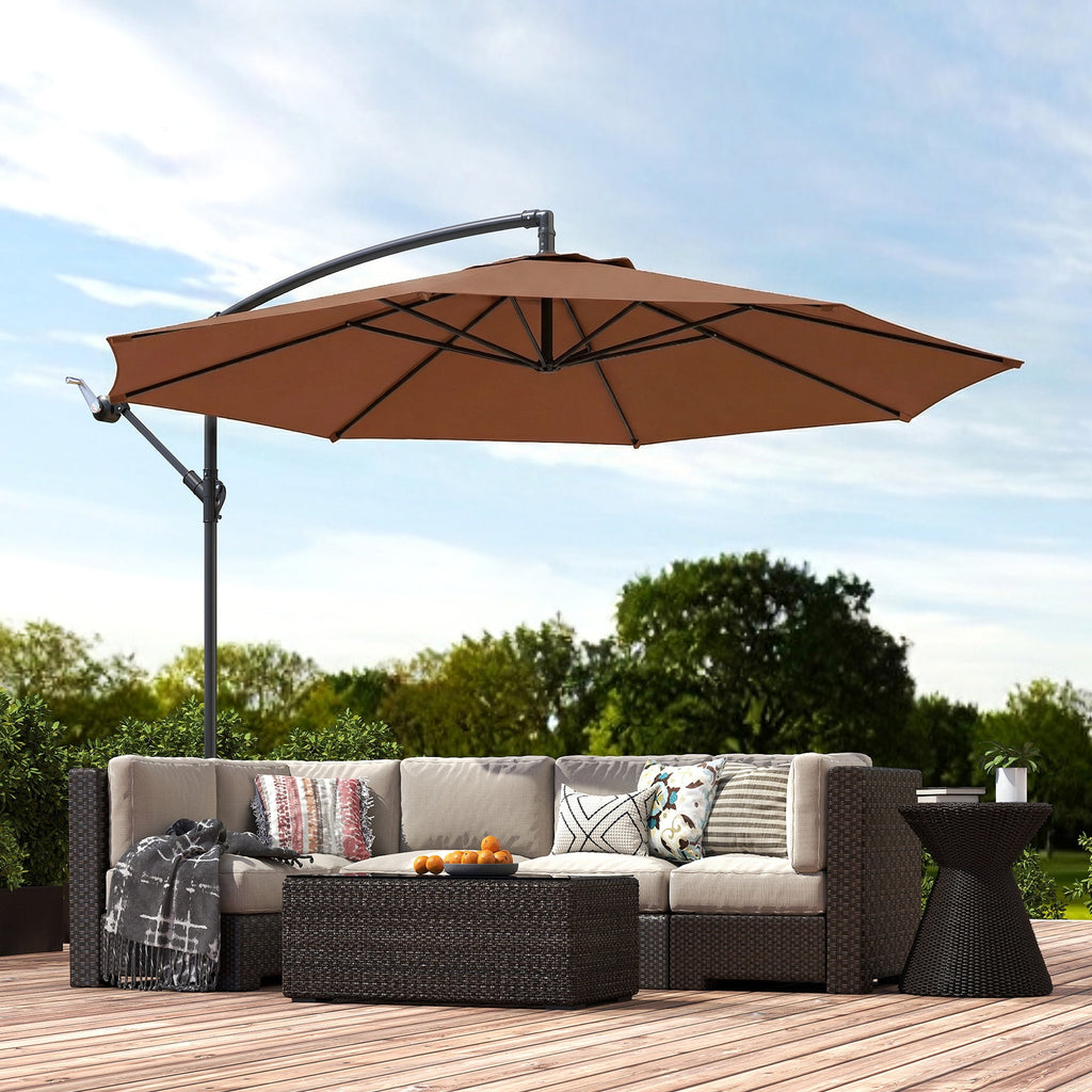 3 m Banana Parasol with Crank Handle, 8 Ribs & Cross Base, Coffee