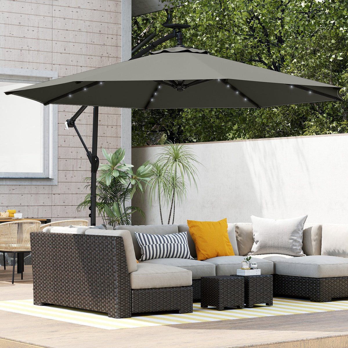 9.7 ft Cantilever Patio Umbrella with Solar LED Light and Cover, Grey