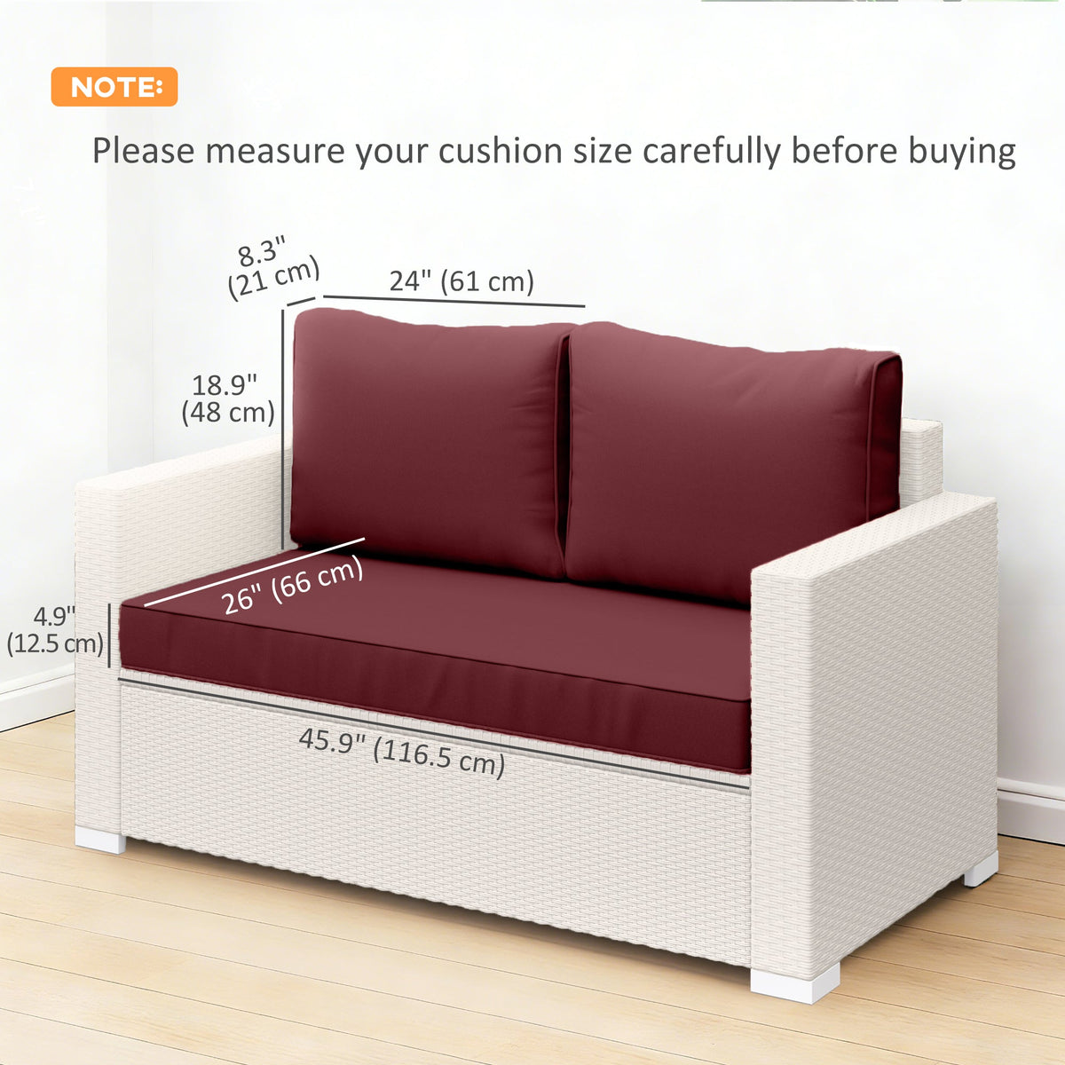 2 Seater Outdoor Seat Cushions with Backrest, Wine Red