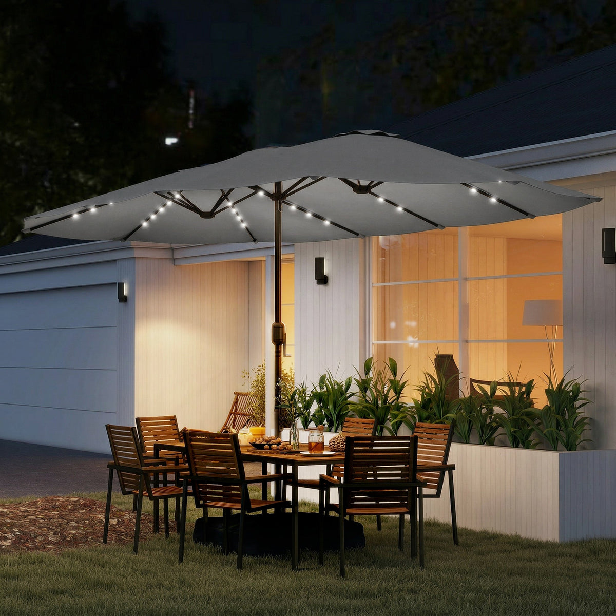 4.5 m Double-Sided Garden Parasol with LED Lights, Base & Sandbags, Grey