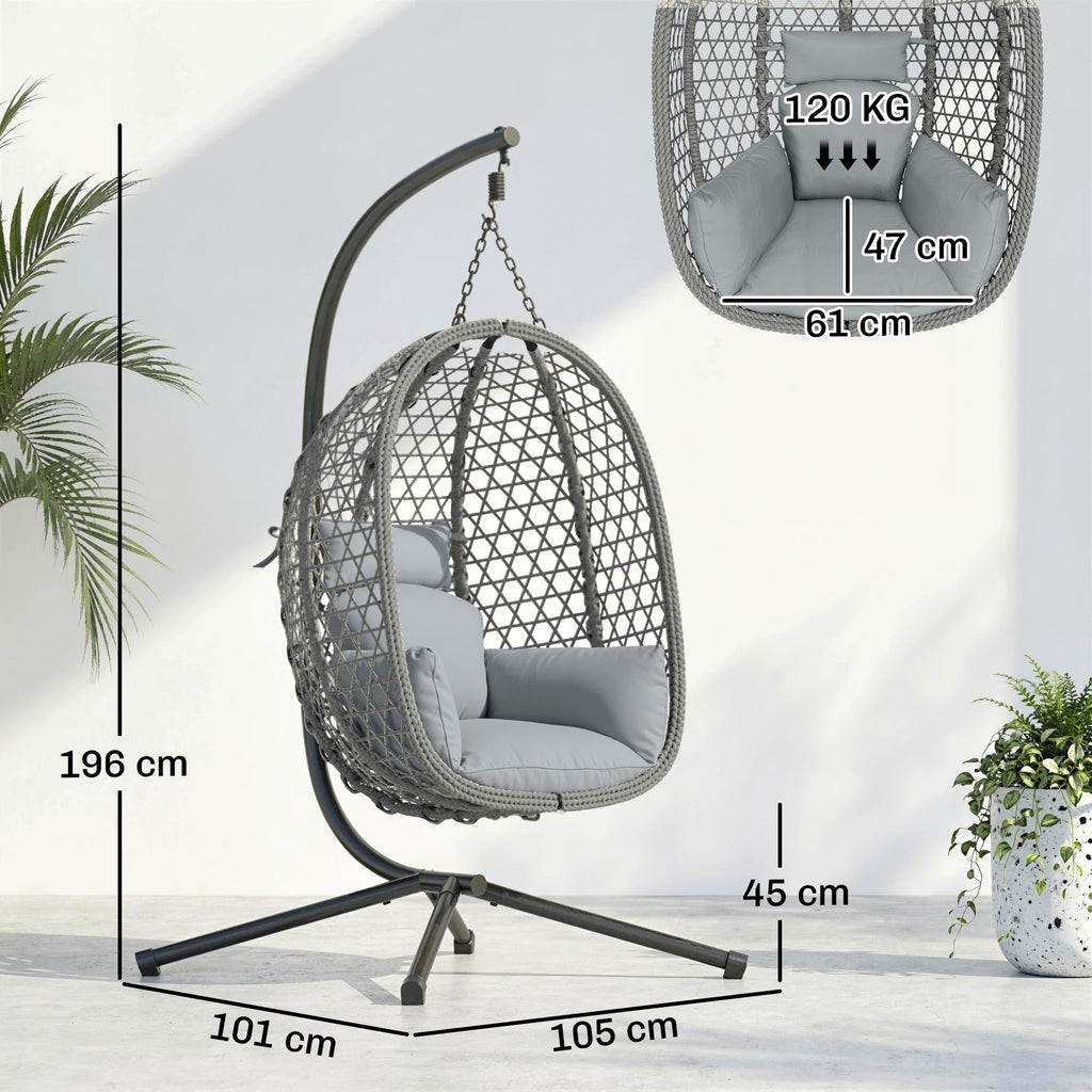 Hanging Egg Chair, Rattan with Stand, Safety Strap & Foldable Basket, Dark Grey
