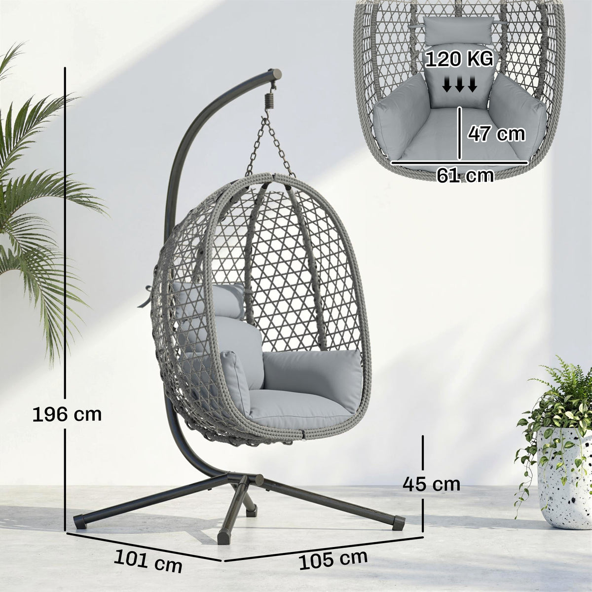 Hanging Egg Chair, Rattan with Stand, Safety Strap & Foldable Basket, Dark Grey
