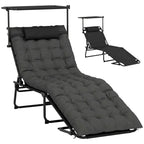 Folding Chaise Lounge Chair with Cushion, Sun Shade and Headrest, Dark Grey