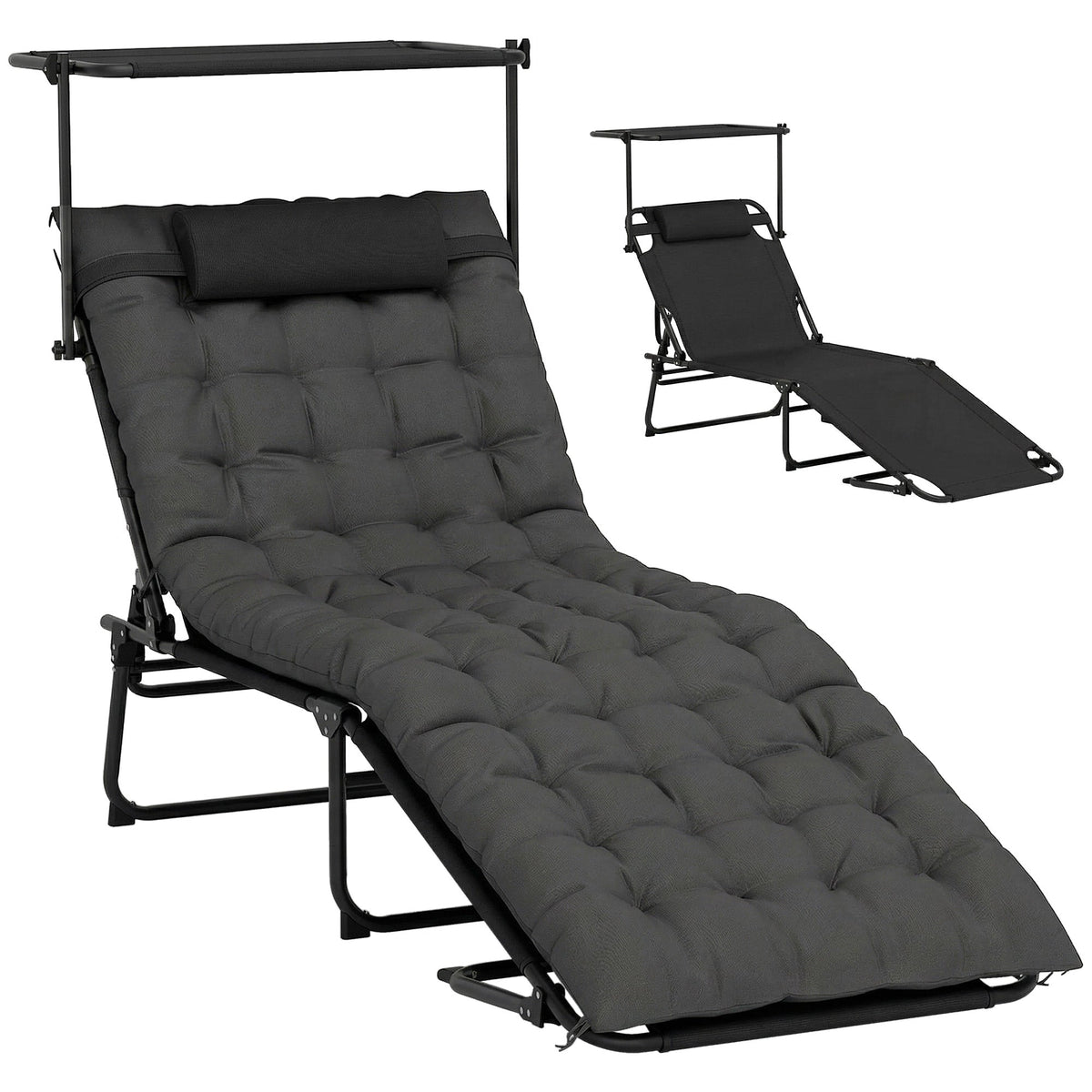 Folding Chaise Lounge Chair with Cushion, Sun Shade and Headrest, Dark Grey