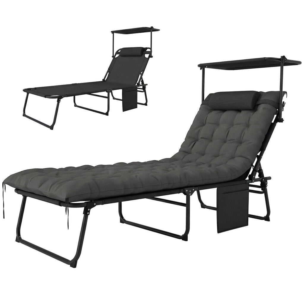 Folding Chaise Lounge Chair with Cushion, Sun Shade and Headrest, Dark Grey