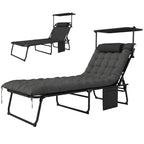 Folding Chaise Lounge Chair with Cushion, Sun Shade and Headrest, Dark Grey