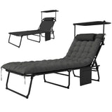 Folding Chaise Lounge Chair with Cushion, Sun Shade and Headrest, Dark Grey