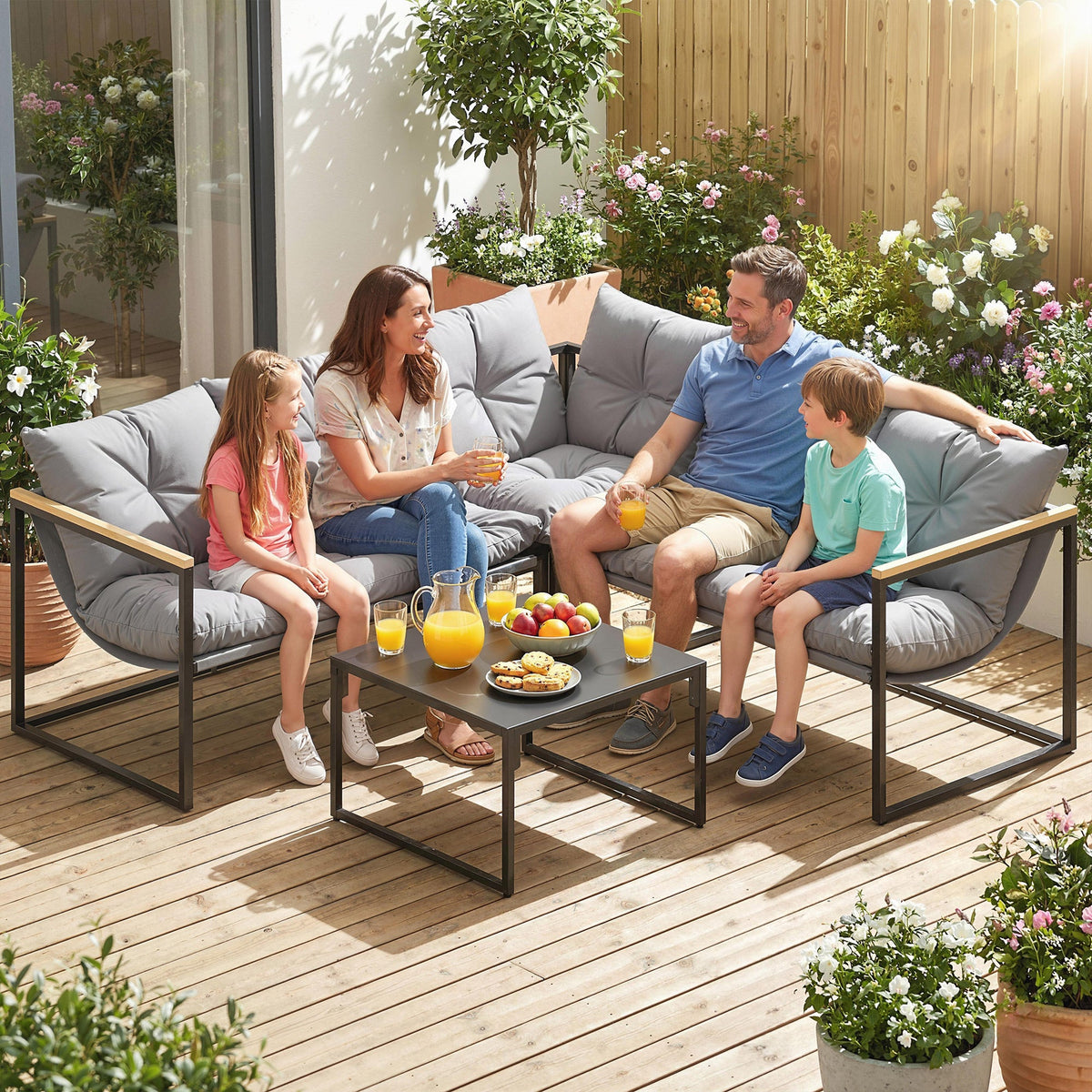 4 Piece Garden Furniture Set with Coffee Table and Thick Cushions, Grey
