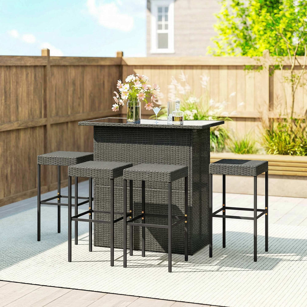 5 Piece Outdoor Wicker Bar Set with Glass Top Table and 4 Stools, Dark Gray