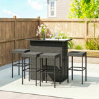 5 Piece Outdoor Wicker Bar Set with Glass Top Table and 4 Stools, Dark Gray