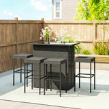 5 Piece Outdoor Wicker Bar Set with Glass Top Table and 4 Stools, Dark Gray