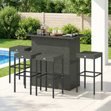 5 Piece Outdoor Wicker Bar Set with Glass Top Table and 4 Stools, Dark Gray